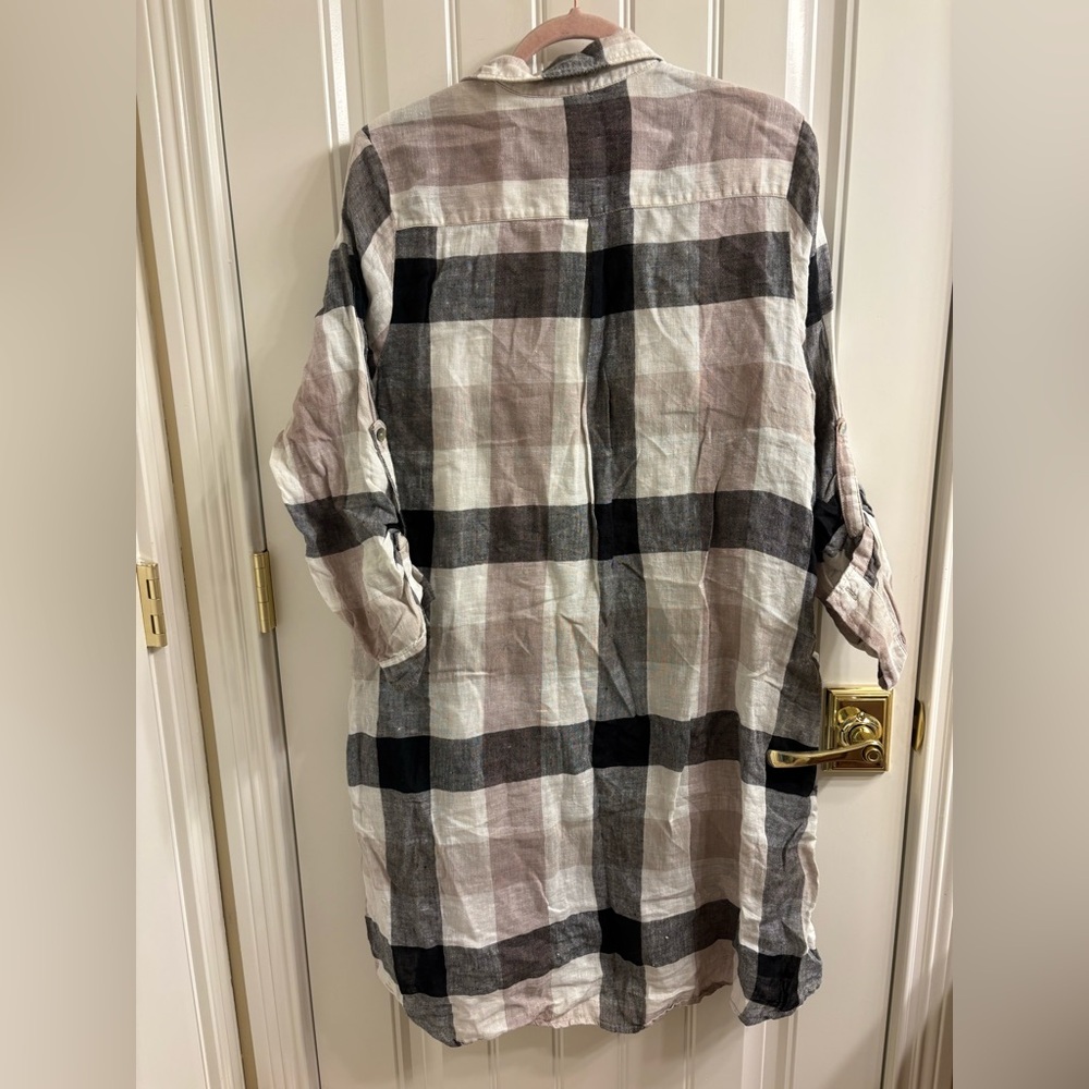 Match Point Linen Plaid Button Down Shirt Dress Tunic Size M Black Tan White - Picture 4 of 13